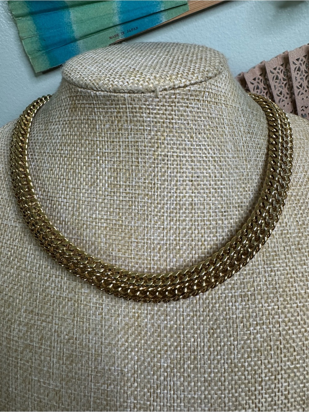 Monet Gold Plated Triple Row Flat Chain Collar Necklace 1980’s Runway
